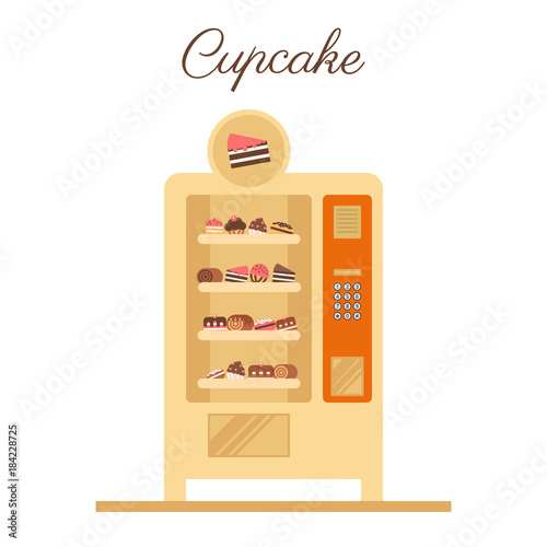 Vending vector machine. Cupcake vending in a flat vector. Business idea.