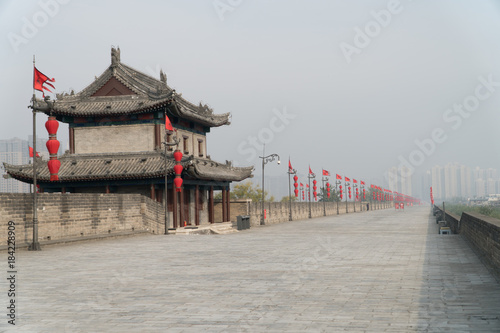 Xian City Wall on a Foggy Morning in China Wide Shot with Copy Space