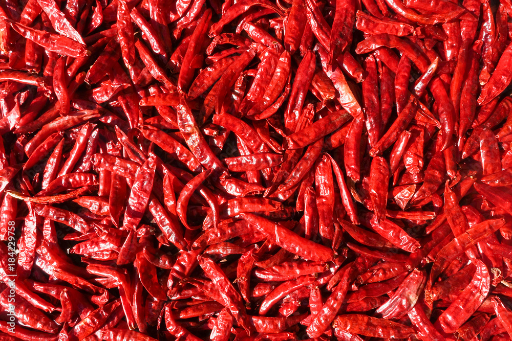 Fototapeta premium Pile of dried red chili peppers background, top view. 