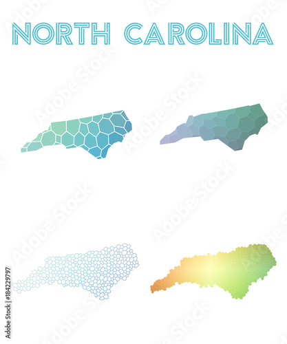 North Carolina polygonal us state map. Mosaic style maps collection. Bright abstract tessellation, geometric, low poly, modern design. North Carolina polygonal maps for infographics or presentation.