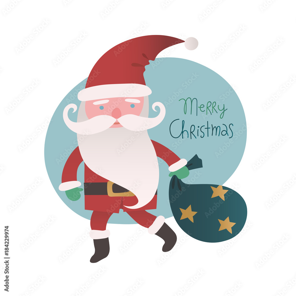 Merry Christmas greeting card with cute Santa Claus and his toy sack. Isolated vector illustration
