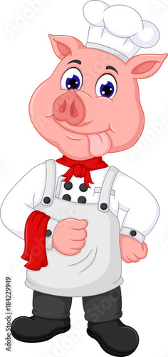 cute pig chef cartoon standing with smiling
