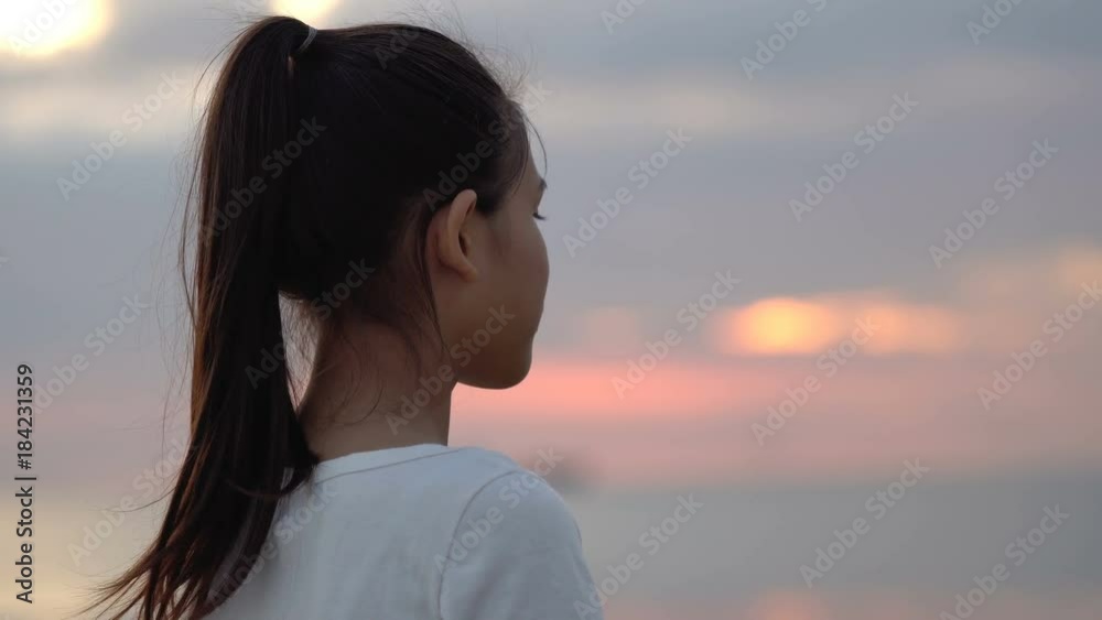 Little girl looking at the sea on sunset with seagulls on background
Little girl looking at the sea on sunset with seagulls on background