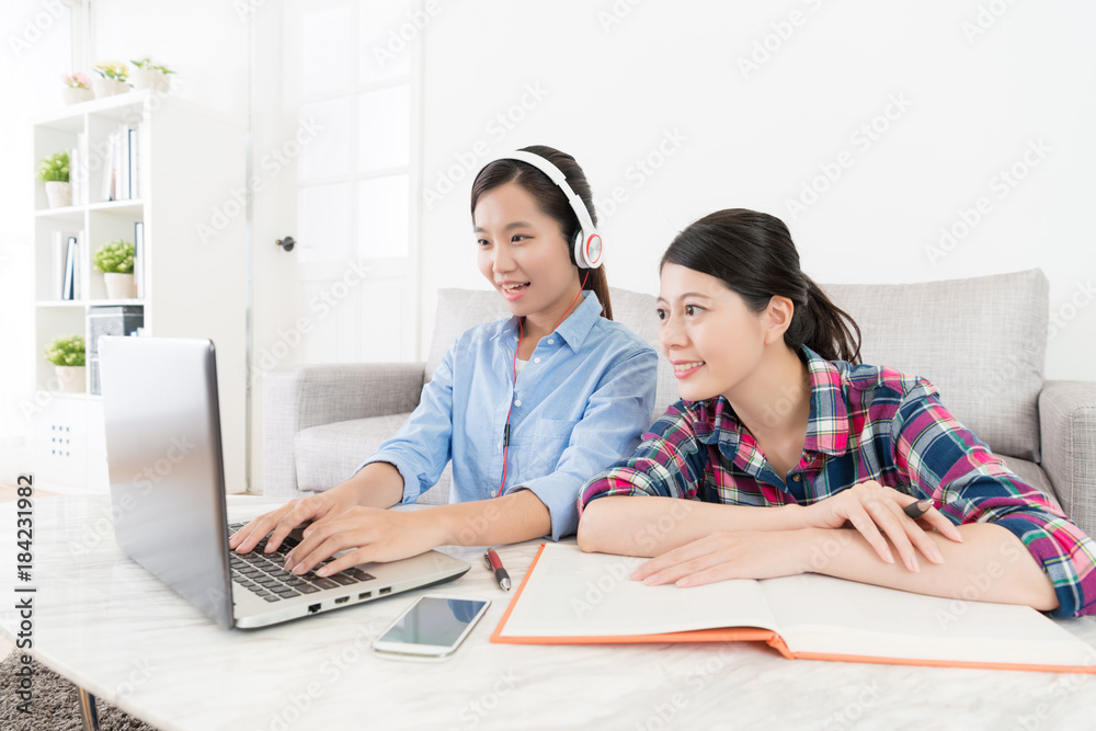 happy elegant woman student wearing headset happy elegant woman student wearing headset