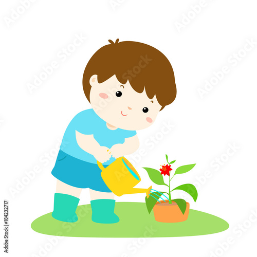 Cute cartoon boy watering plant vector.