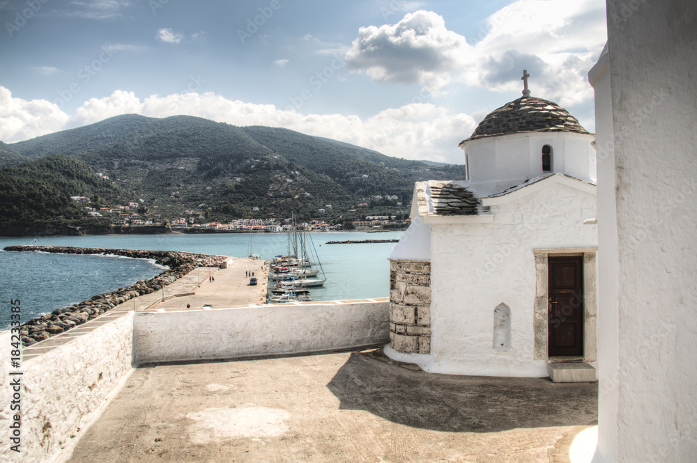 Historic church in the center of Skopelos town on Skopelos island in Greece
