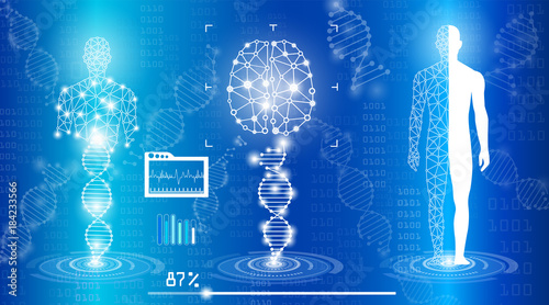 abstract background technology concept in blue light,brain and human body heal ,technology modern medical science in future and global international medical with tests analysis clone DNA human