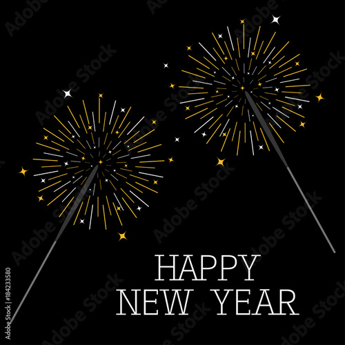 Happy New Year. Bengal light set. Christmas sparkler decoration firework. Fire stick. Shining lines and star sparcles. Round burning lights. Flat design. Black background. Isolated.