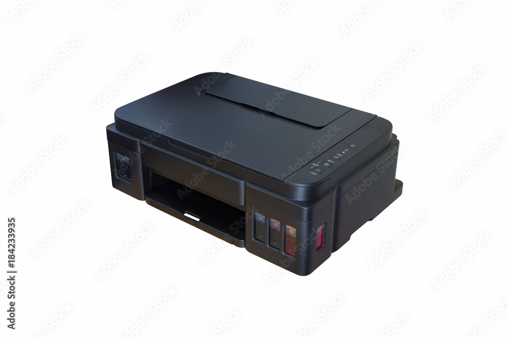 A multi function printer with internal ink tank is isolated white background. A multi function printer with internal ink tank is isolated white background.