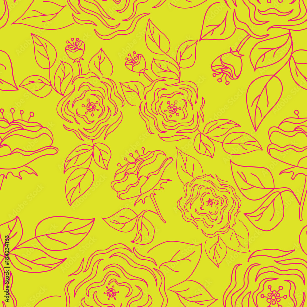 Fototapeta Seamless pattern with hand-drawn gentle roses on a bright background.