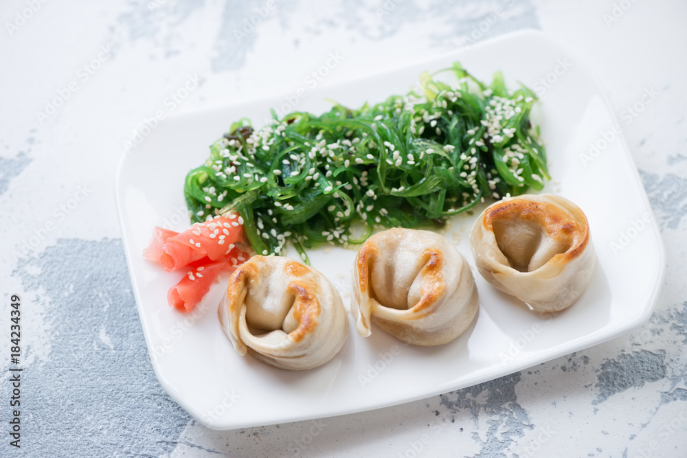 Fried asian dumplings with salmon stuffing and seaweed salad on a white plate, studio shot