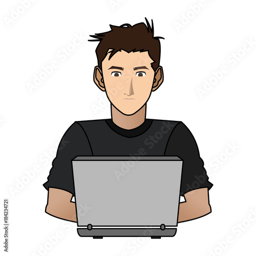 Man cartoon with laptop icon vector illustration graphic design photo