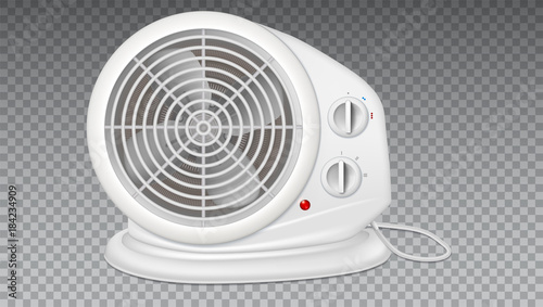 White electric heater with fan, radiator appliance for space heating. Icon of domestic heater with electric cord. 3D illustration, isolated on transparent background