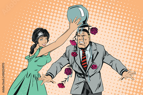 Girl pours vase of flowers on man's head. Male is in shock. Stock illustration.