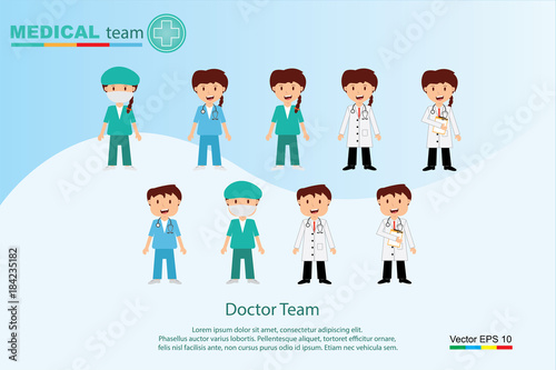 The  professional medical team for health life concept with logo, little doctor boy, girl in gown suit and cartoon act  - vector illustration Eps 10.
