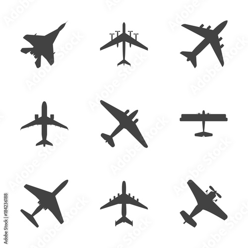 Cartoon Silhouette Black Airplane Set. Vector