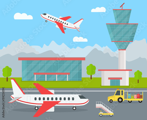 Cartoon Airport Building and Airplanes. Vector