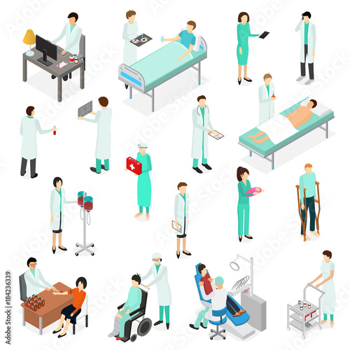 Nurses Attending Patients Icons Set Isometric View. Vector