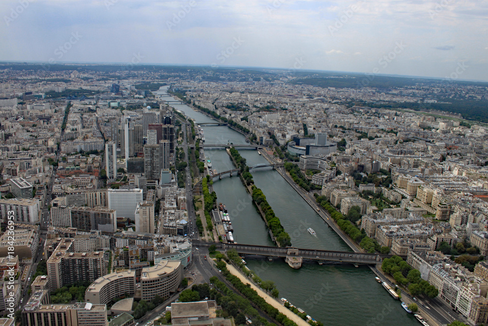 A slice of Paris and the river as seen from the Eiffel tower.