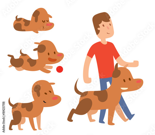 Vector illustration cute playing dogs with people characters funny purebred puppy comic happy mammal breed