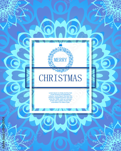 New year poster with place for text. Merry Christmas on the background of snow and snowflakes. Blue lace.