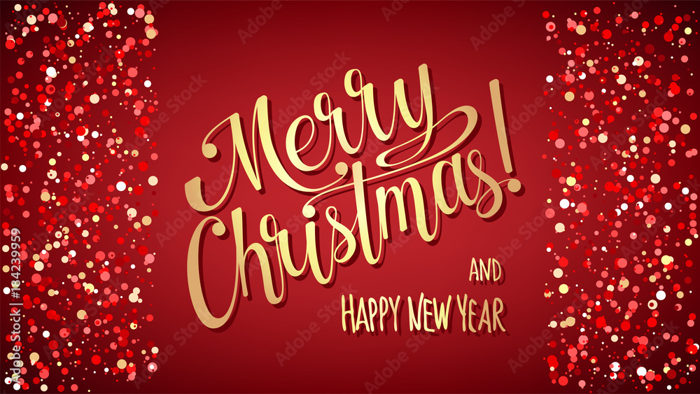 Merry Christmas and Happy New Year background with lettering and snowflakes, light, stars. Gold gradient text on red ground. For greeting and congratulation cards, banner. Vector Illustration.