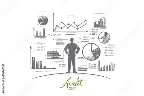 Audit concept. Hand drawn person near wall with charts and diagrams. Auditing business process isolated vector illustration.