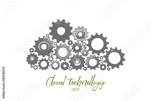 Cloud technology concept. Hand drawn cloud from little gears. Internet technology symbol isolated vector illustration.
