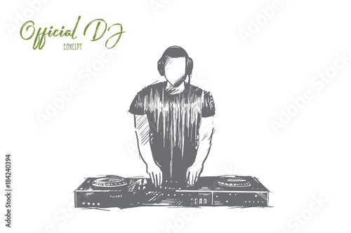 Official DJ concept. Hand drawn charismatic disc jockey at the turntable. Musician at nightclub during party isolated vector illustration.