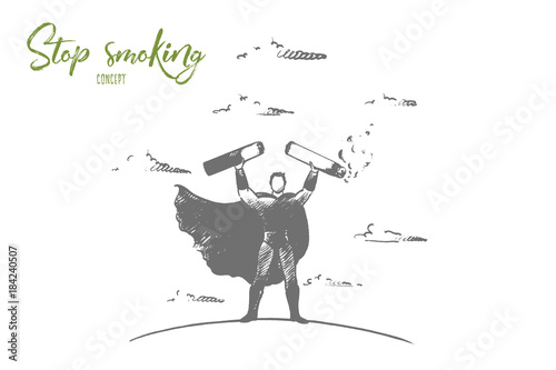 Stop smoking concept. Hand drawn superhero broking cigarette. Stop unhealthy habits isolated vector illustration.