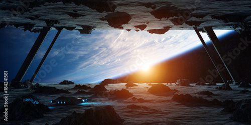 Astronauts exploring an asteroid spaceship 3D rendering elements of this image furnished by NASA