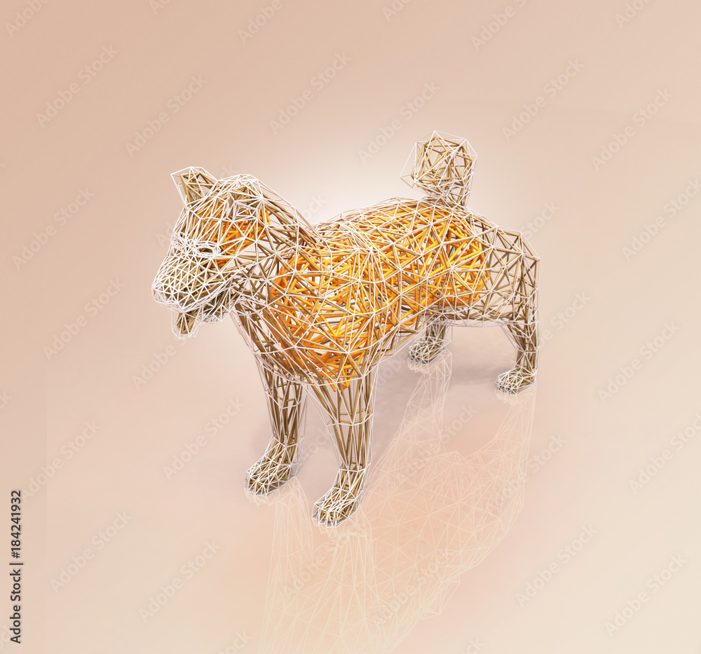 Dog's wire frame shape in low polygon style. 3D rendering image.