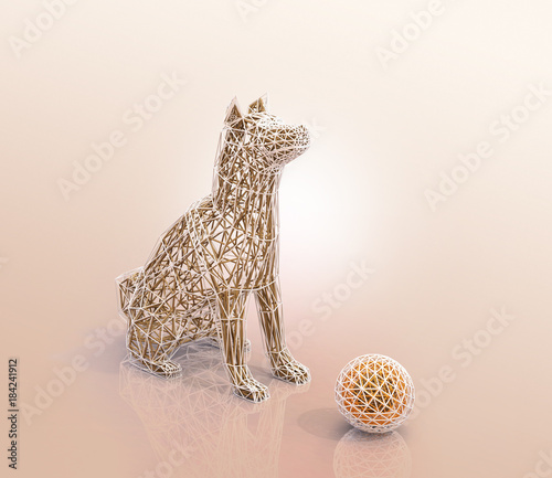 Fototapeta Naklejka Na Ścianę i Meble -  Wire frame of dog and ball  in low polygon style. 3D rendering image.