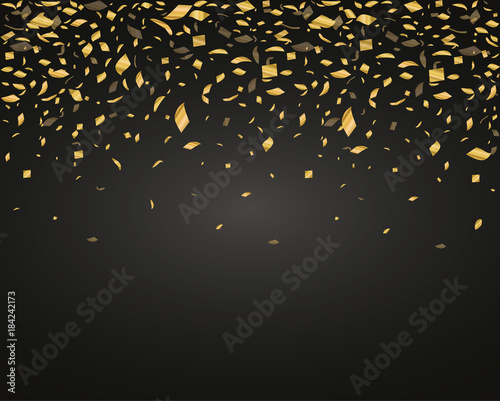 Golden confetti isolated on black background. Festive vector illustration