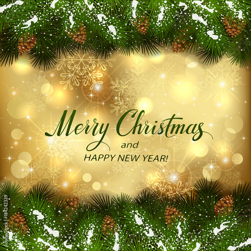 Golden Christmas background with fir tree branches