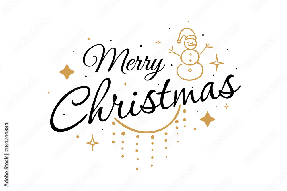 Obraz premium Merry Christmas card. Beautiful greeting winter banner poster calligraphy inscription gold text word, snowman, star, lights. Hand drawn design. Handwritten modern brush lettering background isolated