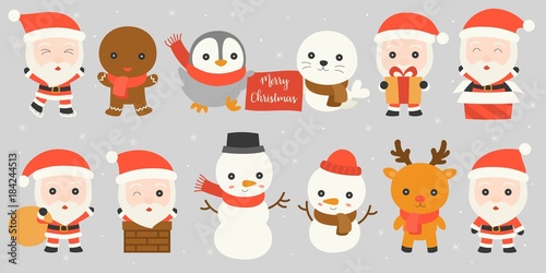 Set of Santa Claus such as in chimney, playing ice skate, holding present box with winter friends , snowman, reindeer, penguin, seal, ginger bread man on snowfall background in flat design