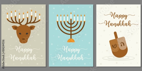 happy hanukkah greeting card, deer and candle, menorah, dreidel in flat design 