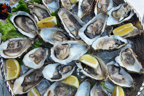 Large plate of fresh OYSTERS with lemon - Ostrea