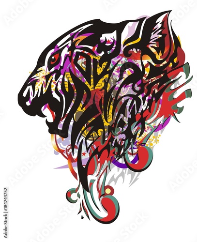Fototapeta Naklejka Na Ścianę i Meble -  Roaring aggressive tiger head splashes. Powerful tiger head symbol with an open jaw against the background of orange-violet and red decorative elements