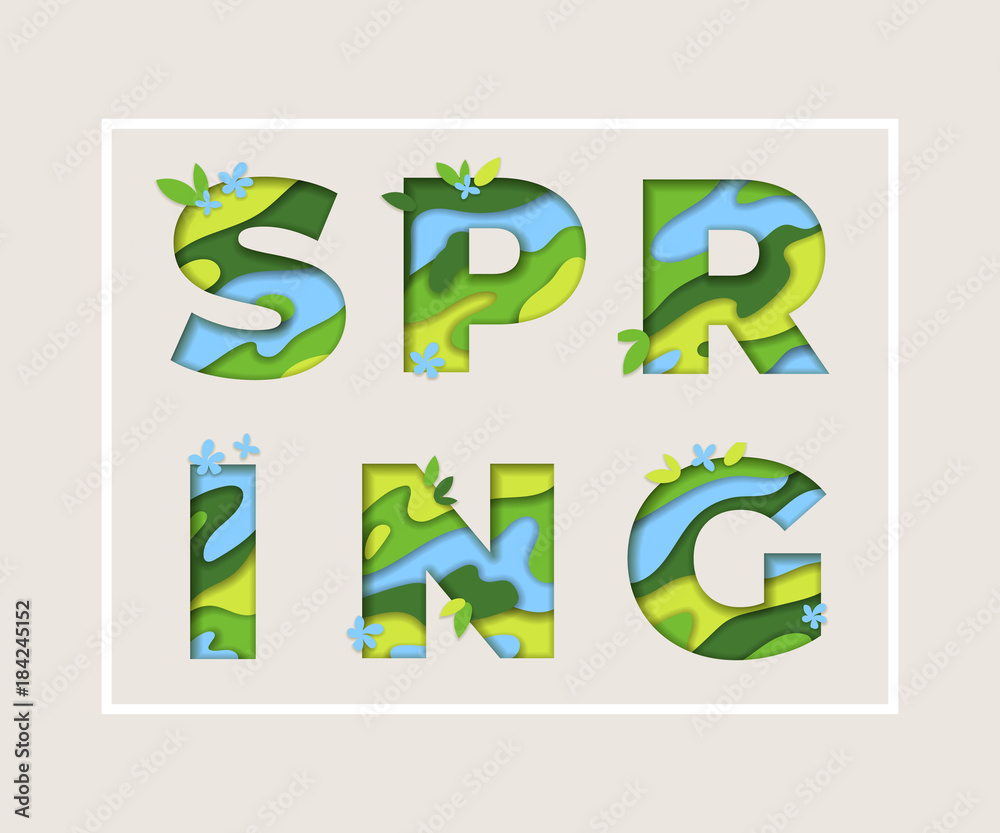 Spring typography design with abstract paper cut shapes, leaves and flowers. Vector illustration. Colorful floral elements Spring typography design with abstract paper cut shapes, leaves and flowers. Vector illustration. Colorful floral elements