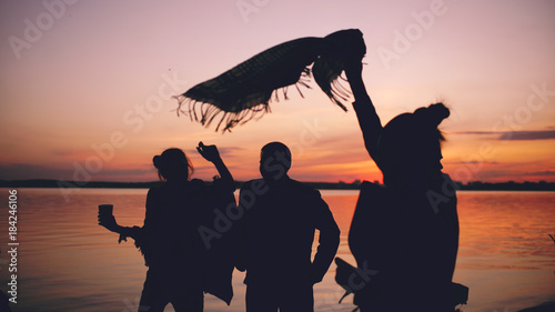 Canvas Print Silhouette of Group young dancing people have a party at beach on sunset