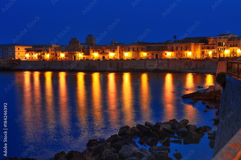 Ortigia island (old Syracuse) night view, Sicily, Italy