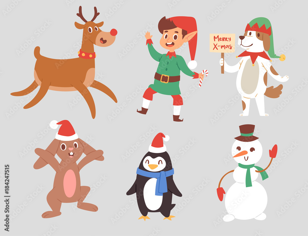 Christmas vector characters cute cartoon Reindeer, Xmas rabbit, Santa dog New Year symbol, elf child boy and penguin individual characteristics illustration