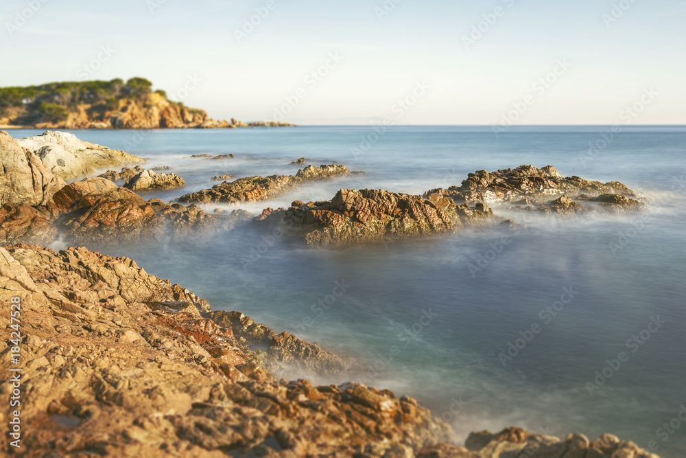 Nice landscape of the Spanish coastal in Costa Brava, Playa de Aro in istagram mate colors
