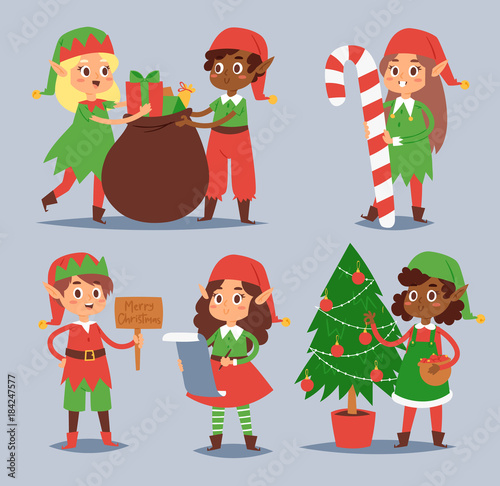 Christmas elfs kids vector children Santa Claus helpers cartoon elfish boys and girls young characters traditional costume celebrated