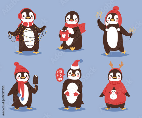 Christmas penguin vector character cartoon cute bird celebrate Xmas playfull happy penguin face smile illustration in santa Red Hat