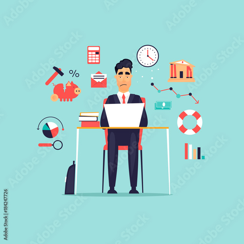 Crisis, frustrated businessman working at computer, icon set. Flat design vector illustration.