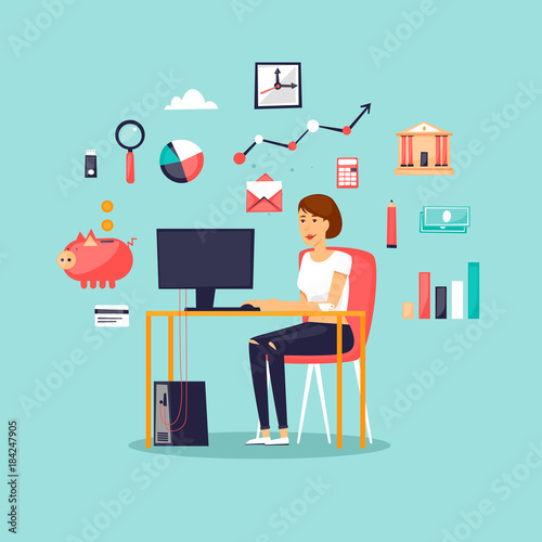 Businesswoman working at computer icon set. Flat design vector illustration.