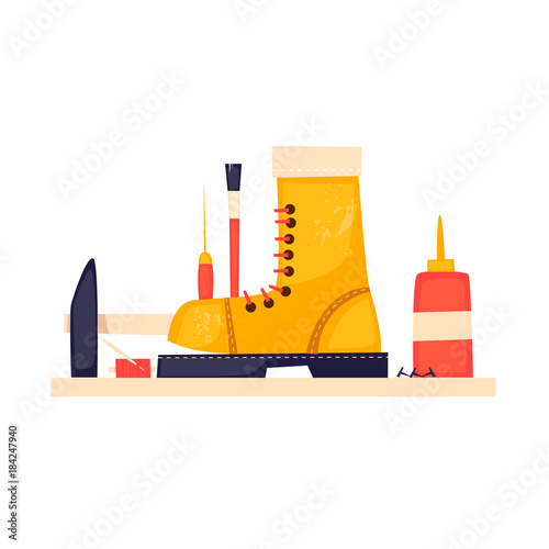 Shoe repair. Flat design vector illustration.